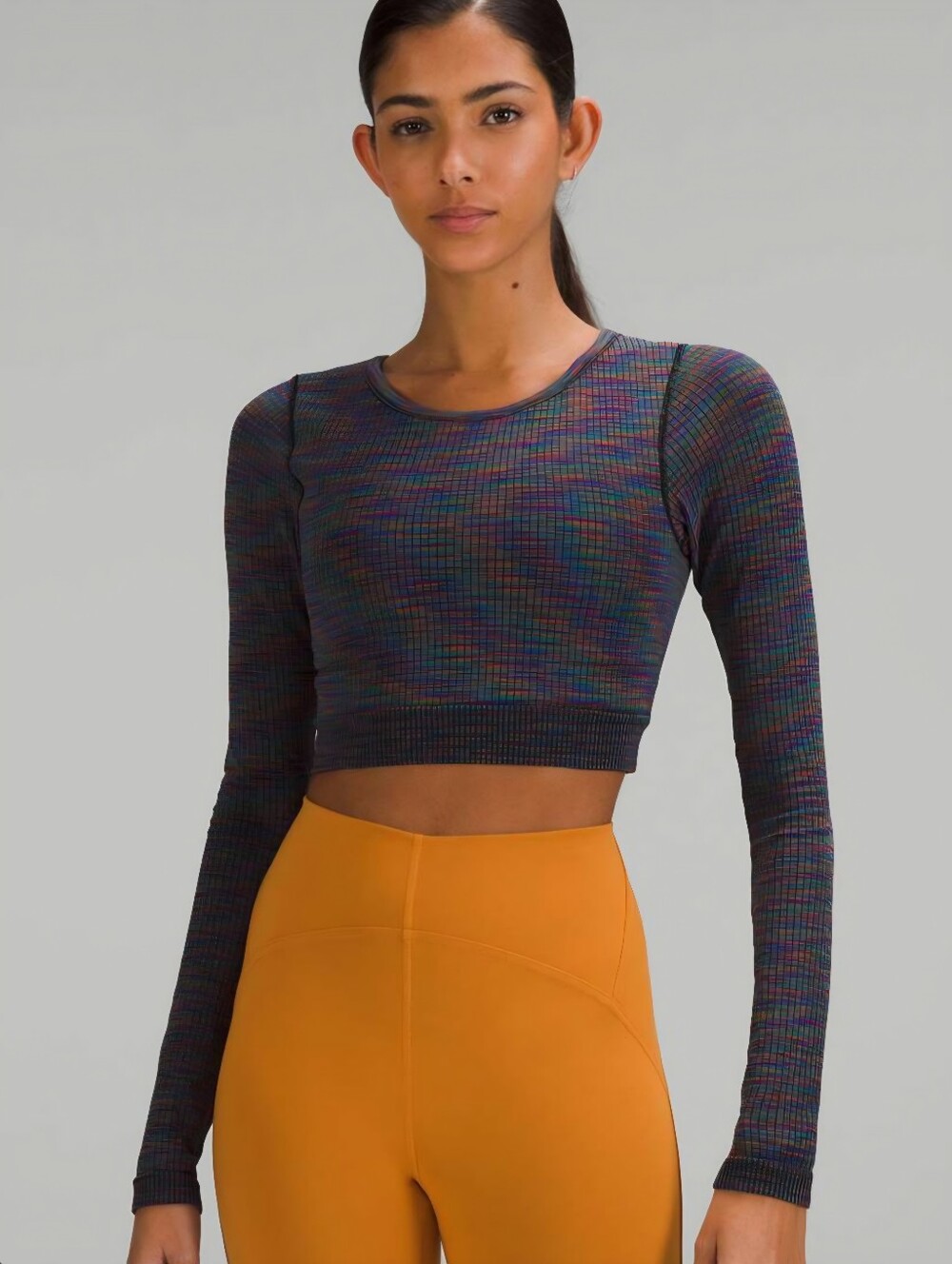 LULULEMON Ebb To Street Seamless Long Sleeve‎ Crop Top Rainbow Multi/Black SZ 4